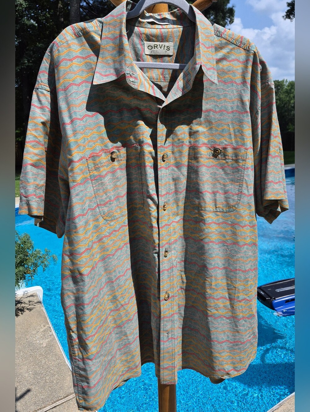 Orvis Wave-Pattern Short Sleeve Button-Up Shirt Men's Size XXL, 100% Cotton